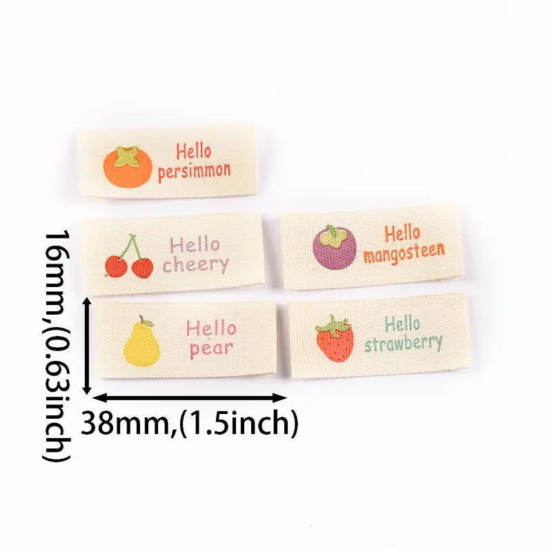 50pcs 16×38mm Mixed Fruit Pattern cotton Labels Personalized Sewing Handmade Clothing Labels Shoes Bags hat Tag cp3808 Qme
