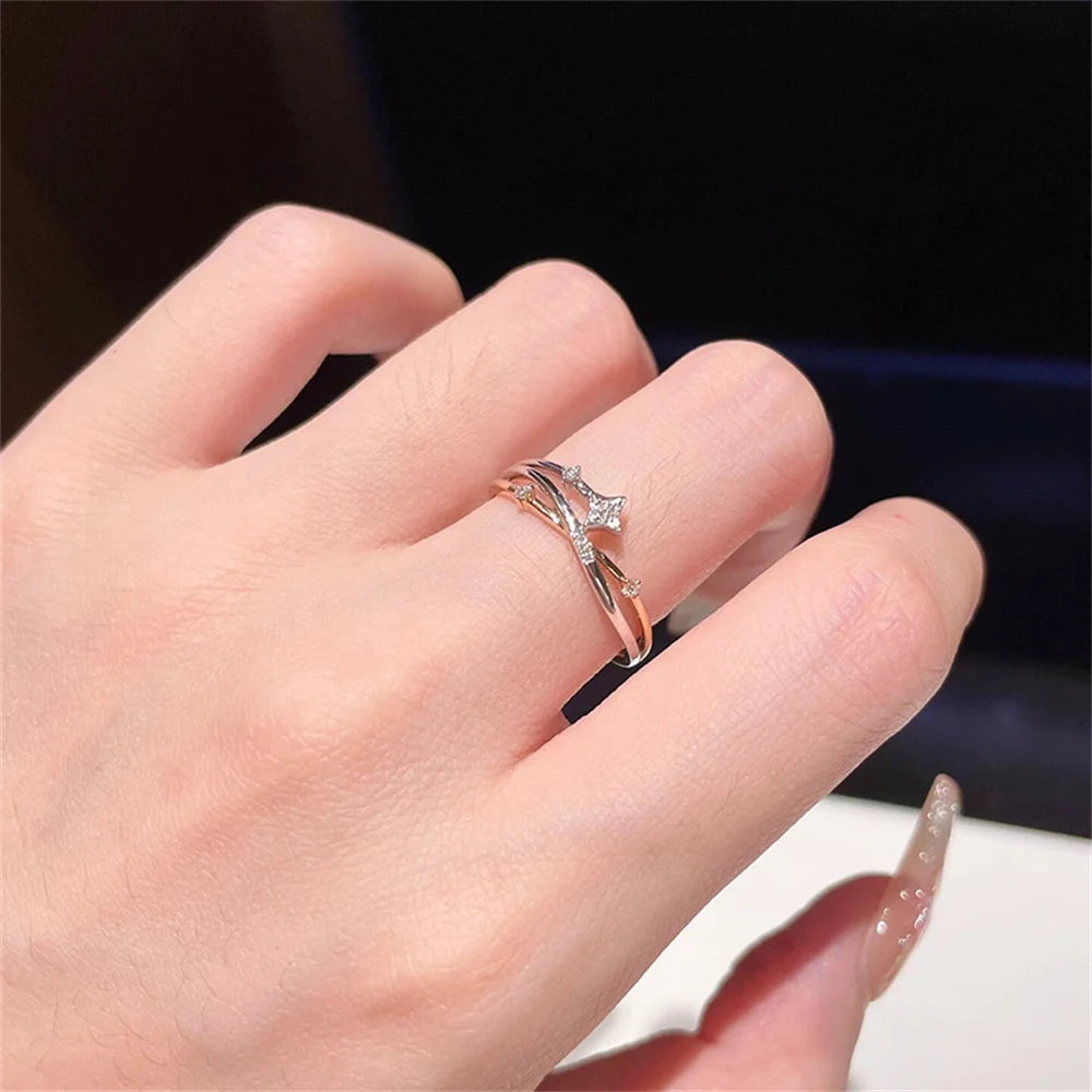 Sparkling Zirconia Star Ring Women's Light Luxury Charm Minimalist Fashion Style Four Star Opening Adjustable Daily Ring Qme