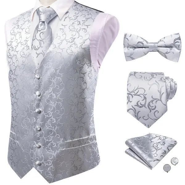 Men Black Grey Paisley Pattern V Collar Vest Full Wedding Party Qme