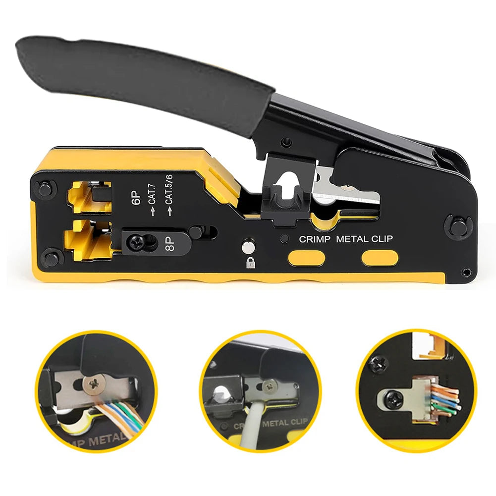 RJ45 Pass Through Crimp Tool, RJ45 Cat5 Cat6 Cat7 Crimping Tool, RJ11 Crimping Tool, Ethernet Network Cable Crimper Stripper Qme YELLOW