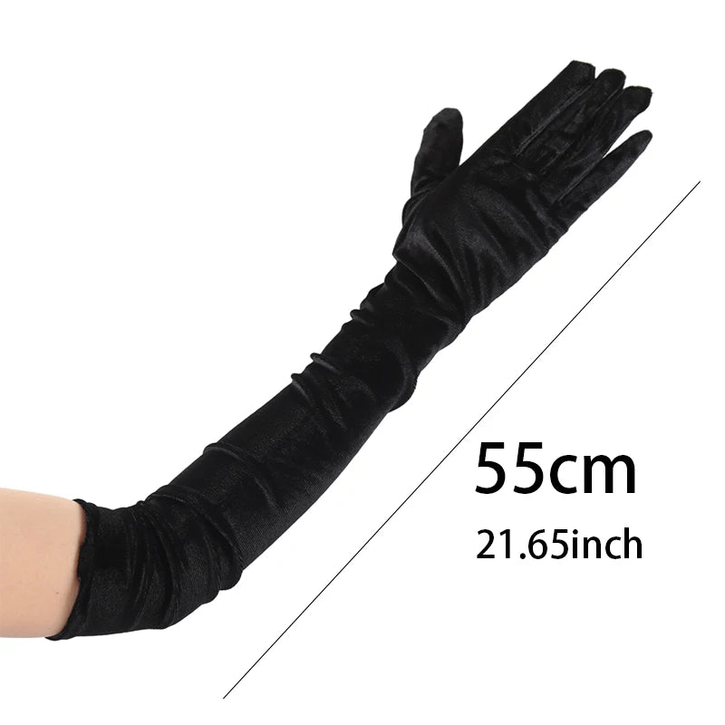 Women Velvet Long Autumn Winter Warm Black Evening Dress Etiquette Gloves Retro Style Banquet Accessories Elasticity Mittens Qme
