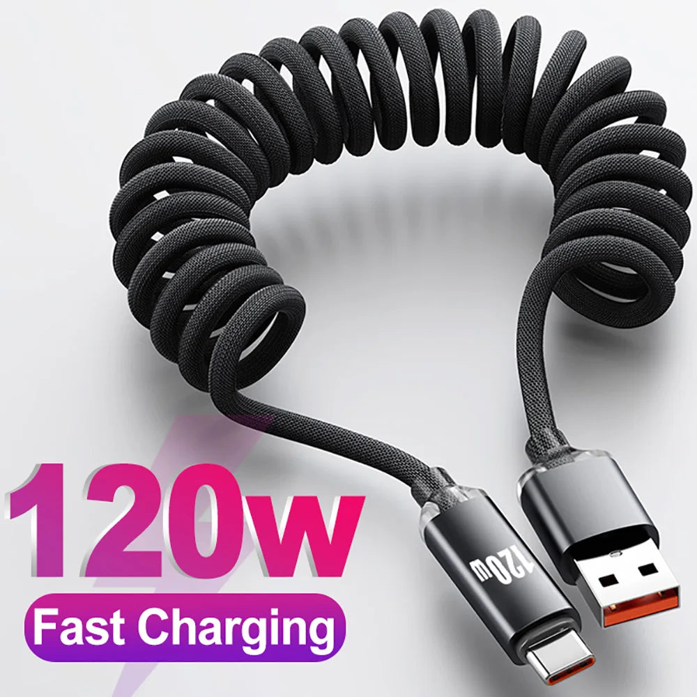 120W Spring Pull Telescopic USB C Data Cable USB To Type-C/Dual Type-C Car Fast Charging Cable 1m 2m For Xiaomi iphone 17 Huawei Qme