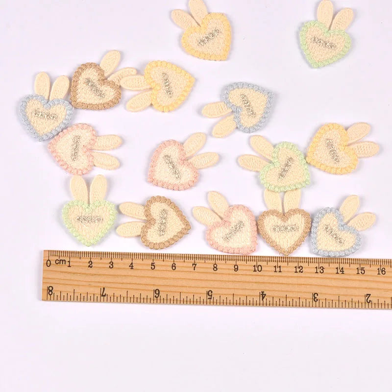 10pcs 35x26mm Assorted Color Knitted Heart Patches Cute Bunny Ear Appliques with, DIY Hair Accessories Crafts No Glue cp3856 Qme