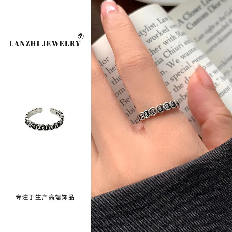 Creative Mahjong Money Abundant Adjustable Open Free Size Chinese Character Print Finger Ring for Men Women Retro Silver Color Qme 2 resizable