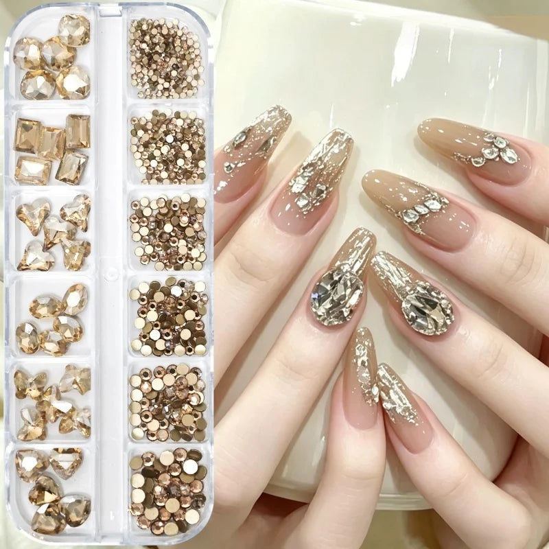 12grids Shiny Clear Crystal Gems Nail Rhinestones Mixed Round Glass Stone Flatback Nail Charms Nail Diamond DIY Qme 4688