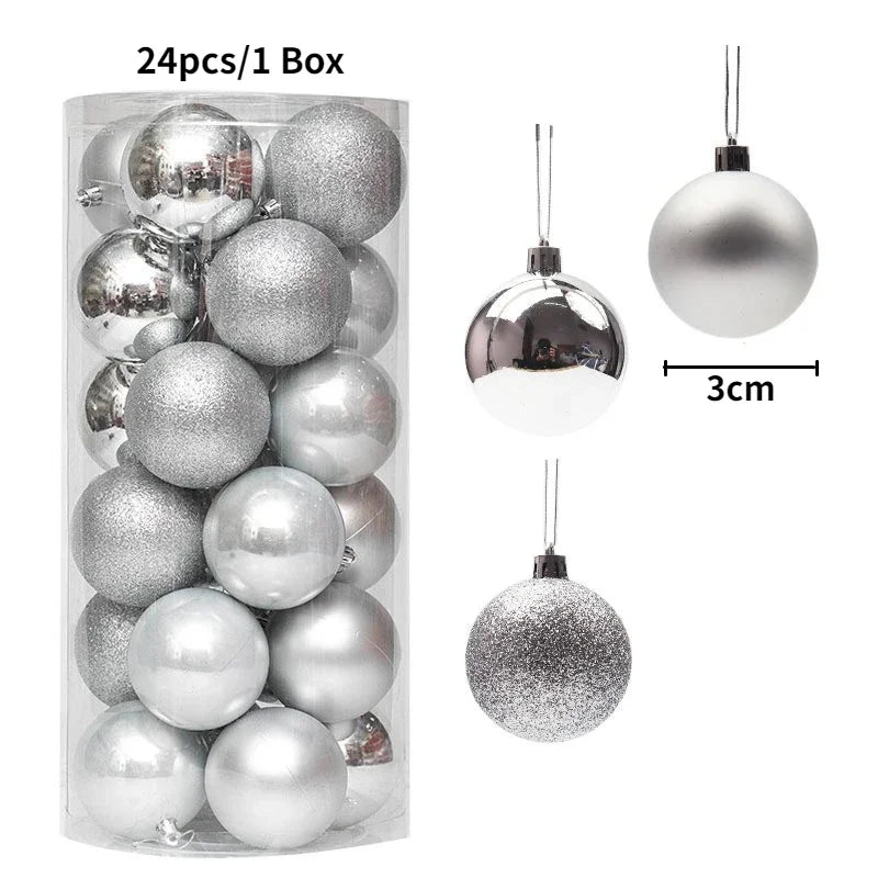 24pcs Christmas Ball Christmas Tree Decoration Ornaments for Home Decor Halloween New Year Navidad Pendant Ball Accessories Qme silver-24pcs
