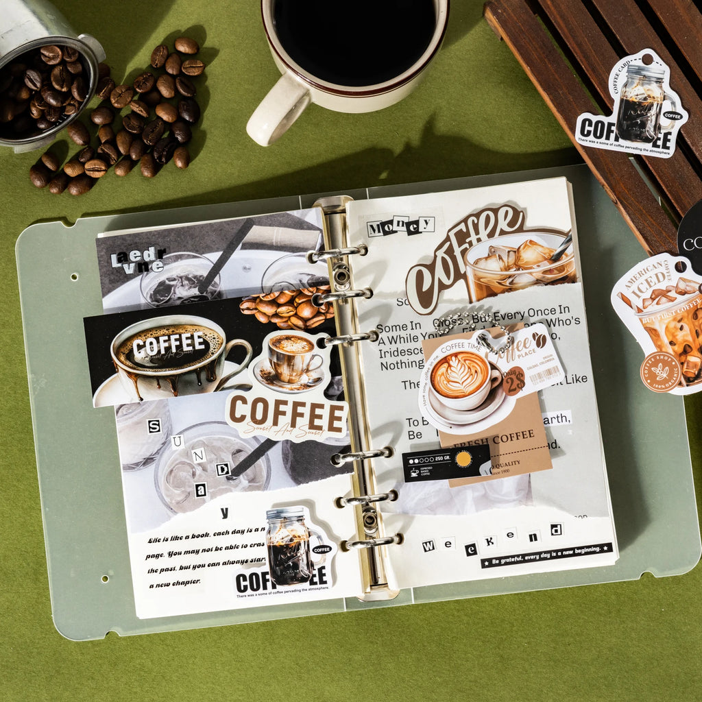 30 Sheets Coffee Theme Punch Hole Stickers for DIY Scrapbooking Guitar Phone Case Notebook Decoration Qme