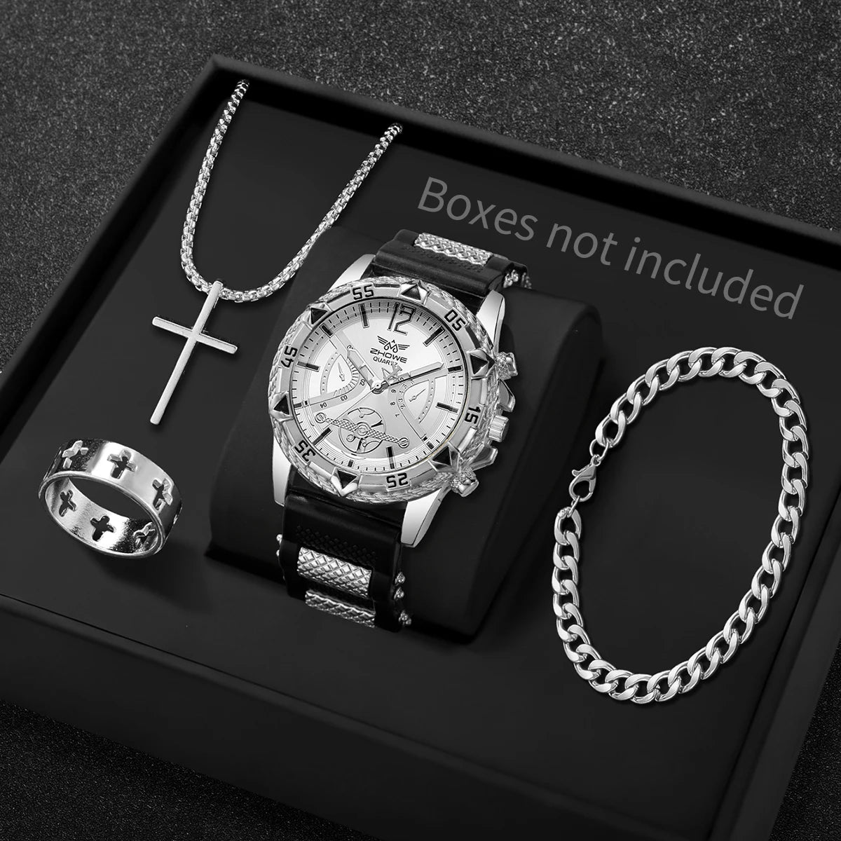 Luxury Sport Men Quartz Watch Jewelry Kit, Hollow Dial Gold Accent Wristwatch Matching Cross Jewelry Present for Boys Qme Silver Without Box