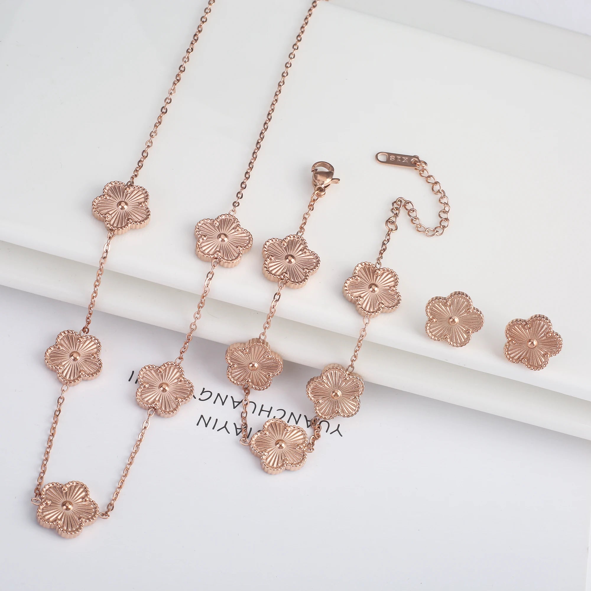 Clover Five Leaf Flower Stainless Steel Bracelet Necklace Earrings Jewelry Set Luxury for Women High Quality Party Jewelry Gift Qme 10