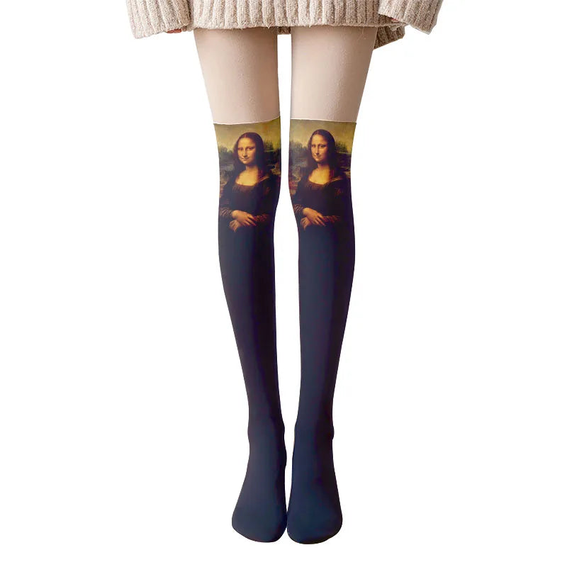 Van Gogh Retro Oil Painting Thigh Stockings Starry Sky Sunflower Qme style14 One Size