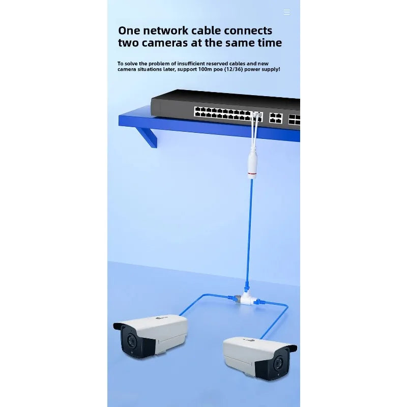 2PCS Network Expansion Cable Waterproof POE Splitter 1 to 2 Devices Simultaneous Connection Qme