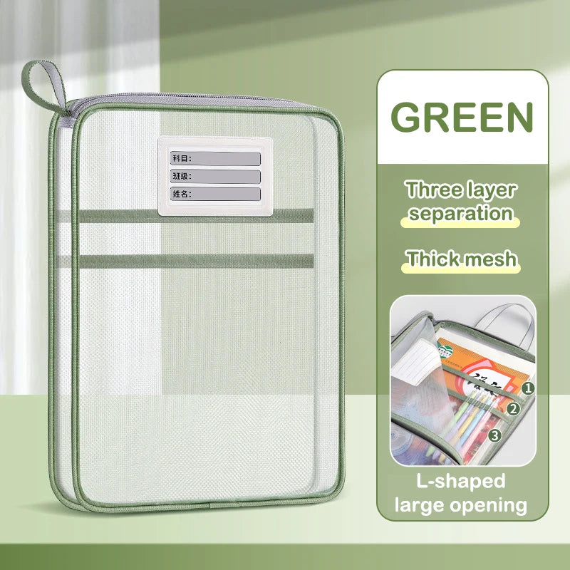 A4 Double-layer Mesh Zipper Bag Large Capacity Stationery Storage Qme 33CM green