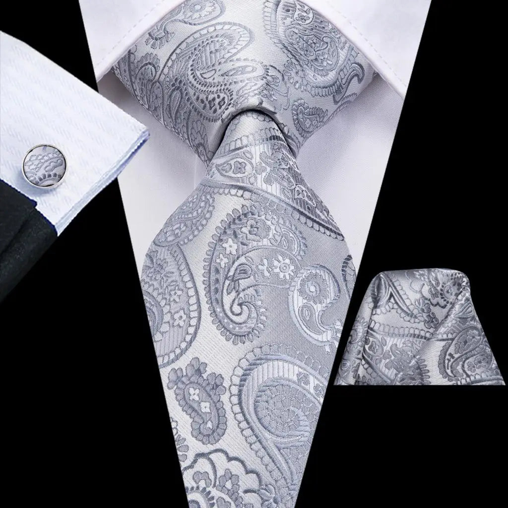 Hi-tie Smoke Grey Tie Men Elegant Mens Necktie Pocket Square Cufflink Qme 3530