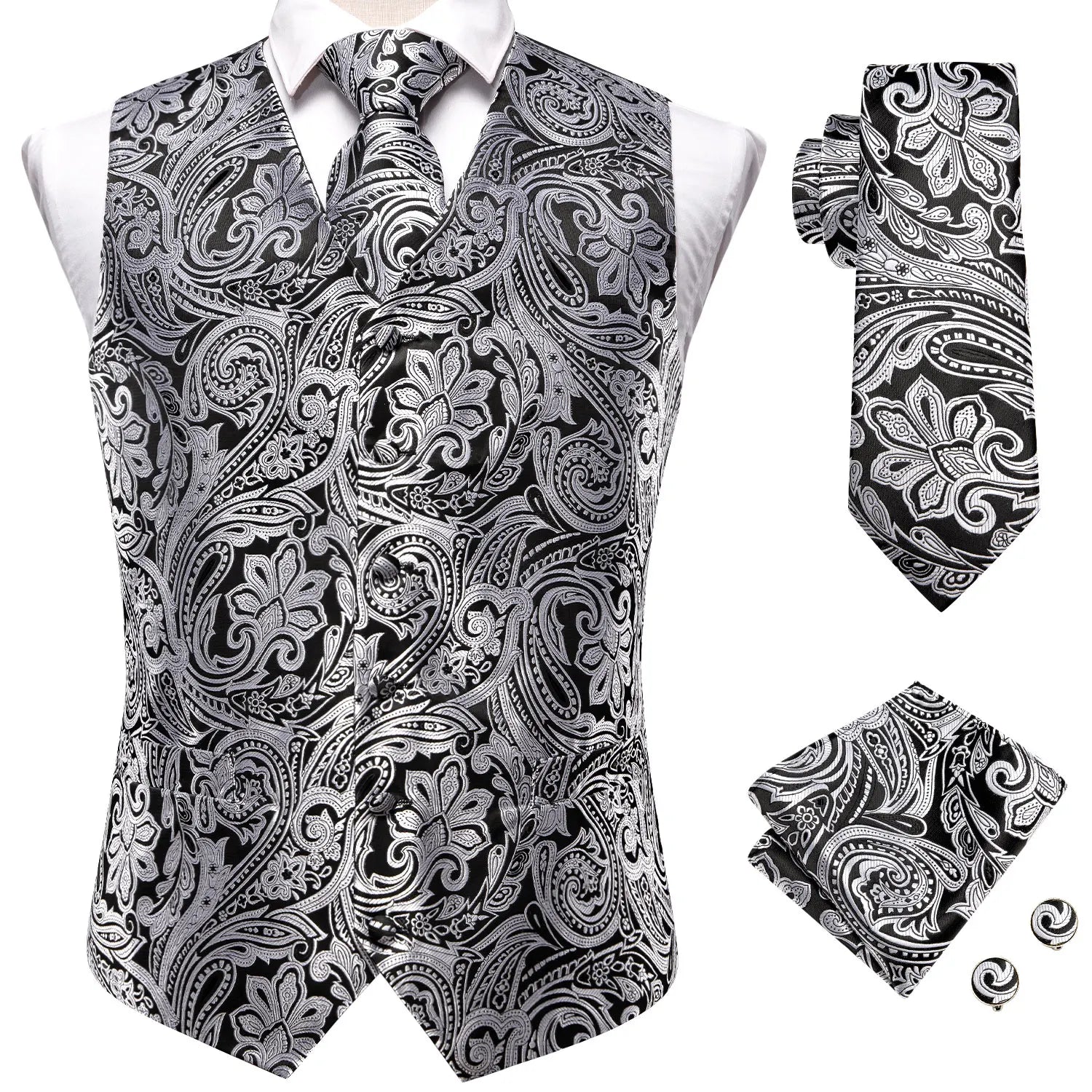 Mens Suit Vest Tie Hanky Cufflinks Jacquard Floral Paisley Waistcoat Qme MJ-3012 L