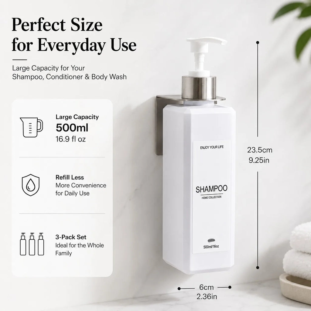 all Mounted Shampoo Dispenser Bottles Set of 3 16oz 500ml Plastic Shower Pump Bottles with Brackets and Labels for Body Wash Qme