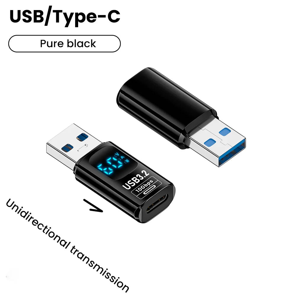 10Gbps USB 3.2 Digital LED Display Adapter USB Male to Type C Converter Fast Charge Data Transmission Adapter For Laptop iPhone Qme black USB to Type C