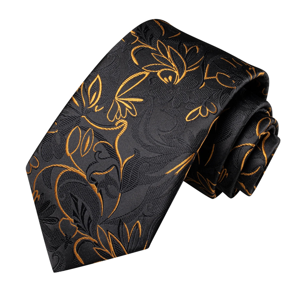 Hi-tie Luxury Box Black Gold Flower Pattern Tie Soft Men's Qme
