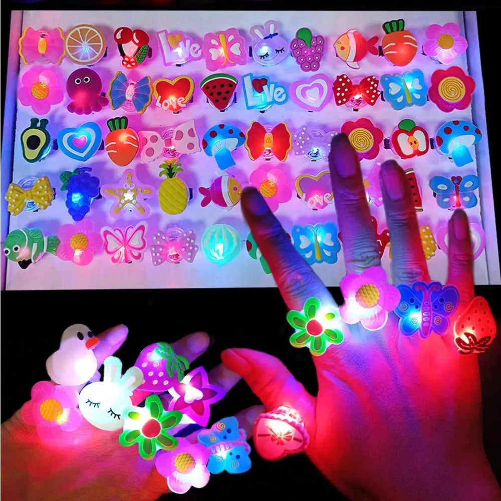 20/50pcs Cartoon LED Luminous Finger Rings Animal Flower Light Up Finger Ring Toys Glowing Rings Glow in The Dark Party Supplies Qme