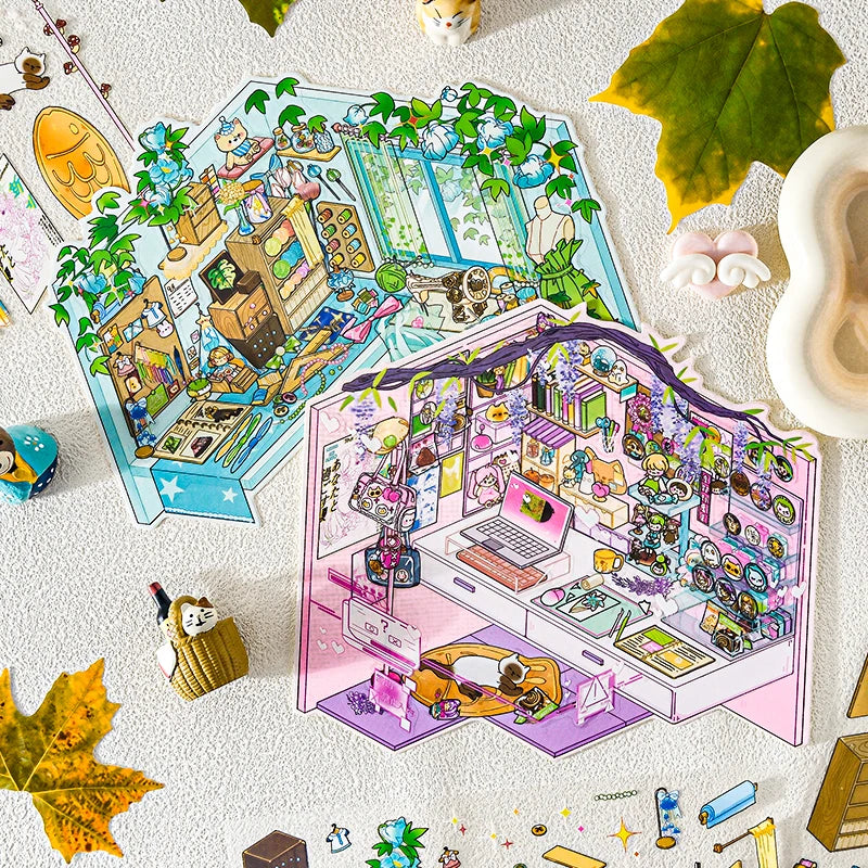 DIY Cartoon Leisure Life in 4 Seasons Landscape Sticker 3D Pocket Cabin Scene Stacking Pasting Stickers Gift for Kid Child Qme
