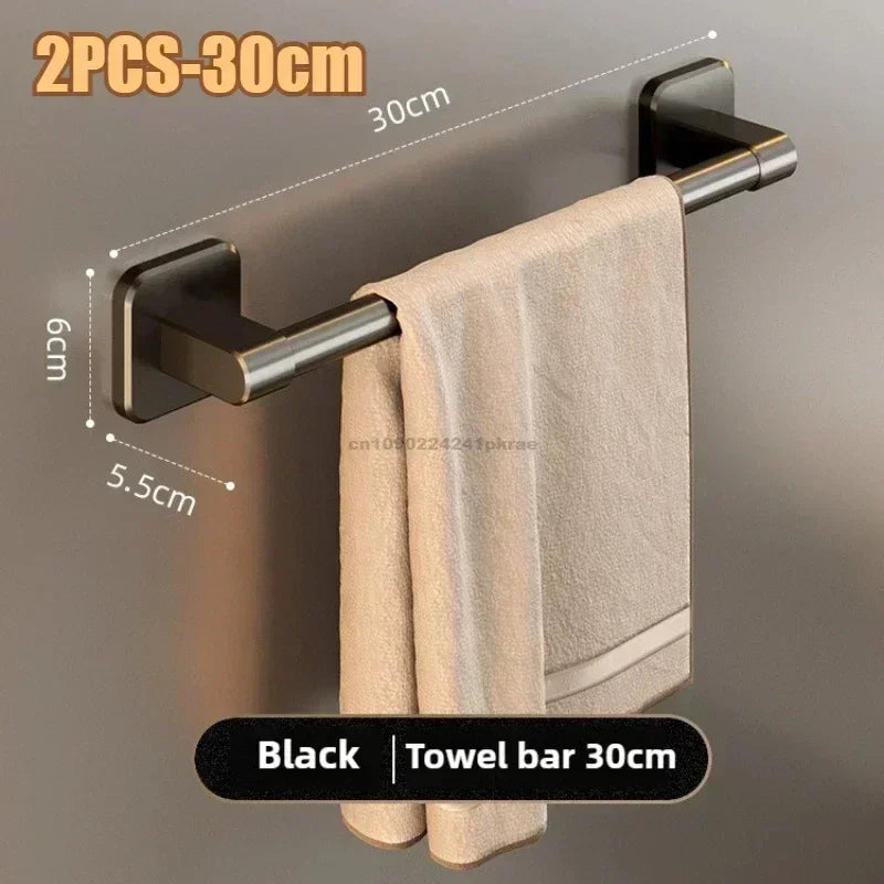Wall Mounted Towel Rack Bathroom Storage Rack No Drilling Bathroom Horizontal Bar Towel Rack Kitchen Bathroom Accessories Qme 2PCS-Black 30CM