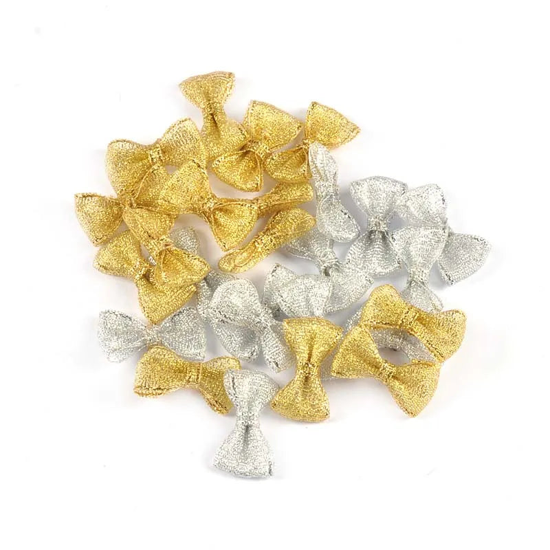 50Pcs 16x28mm Golden/Silver Christmas Bows For Xmas Party Flower Gifts Decor Handmade Accessories Bowknot Ribbons DIY Supplies Qme