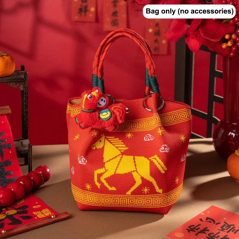 New 2026 Horse Year Cartoon Mascot Pony Knitted Bucket Bag For Women Fashion Large Capacity Portable Handbag New Year Gift Qme style 4