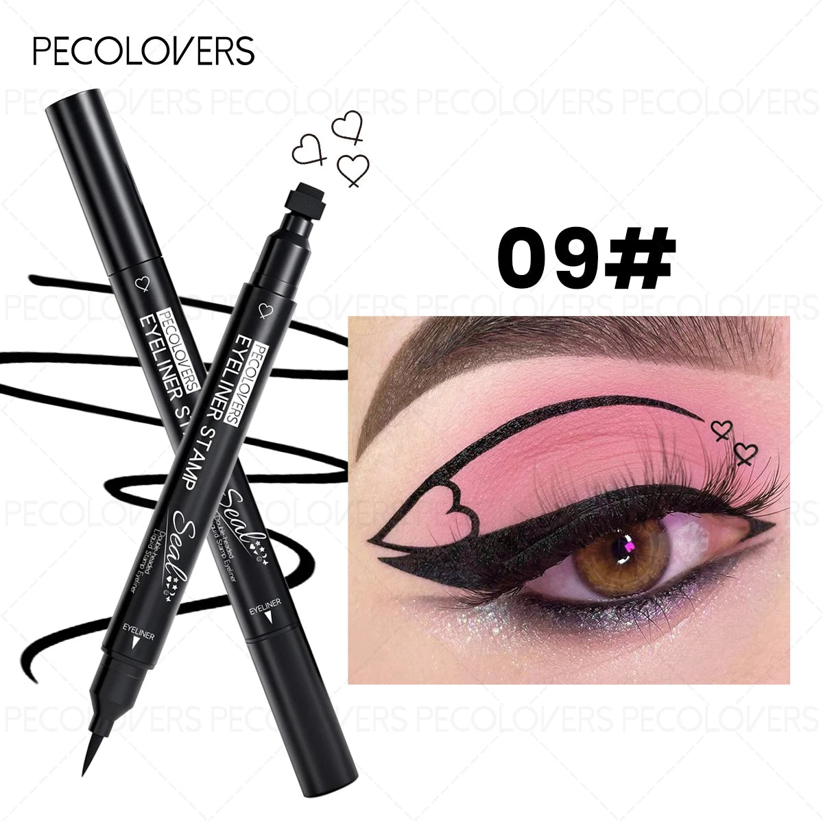 Dual-ended 2-in-1 Eyeliner Stamp, Smooth Black Liquid Eyeliner Pen, Cat Eye Smiley Moon Heart Stamp One-Swipe, Whimsical Makeup Qme 09