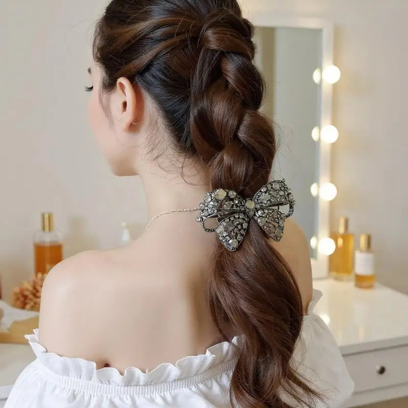 Shiny Rhinestone Hollow Bow Hairpin High-end Black Crystal Side Bangs Qme