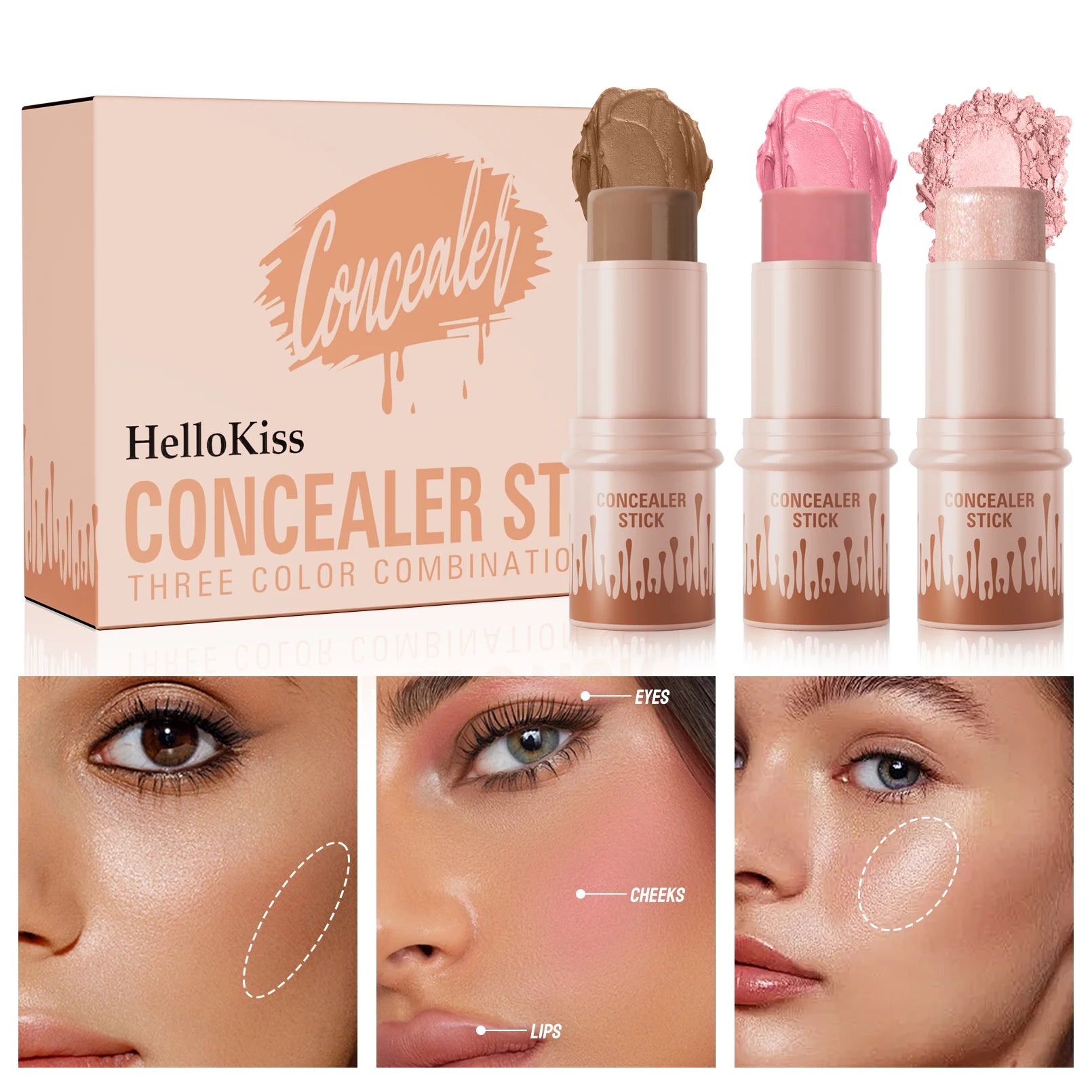 Contour Sticks, Highlighter Stick, Blush Stick, 3-Piece Cream Contour Set Including Contour Brush, Creates Facial Contours Qme