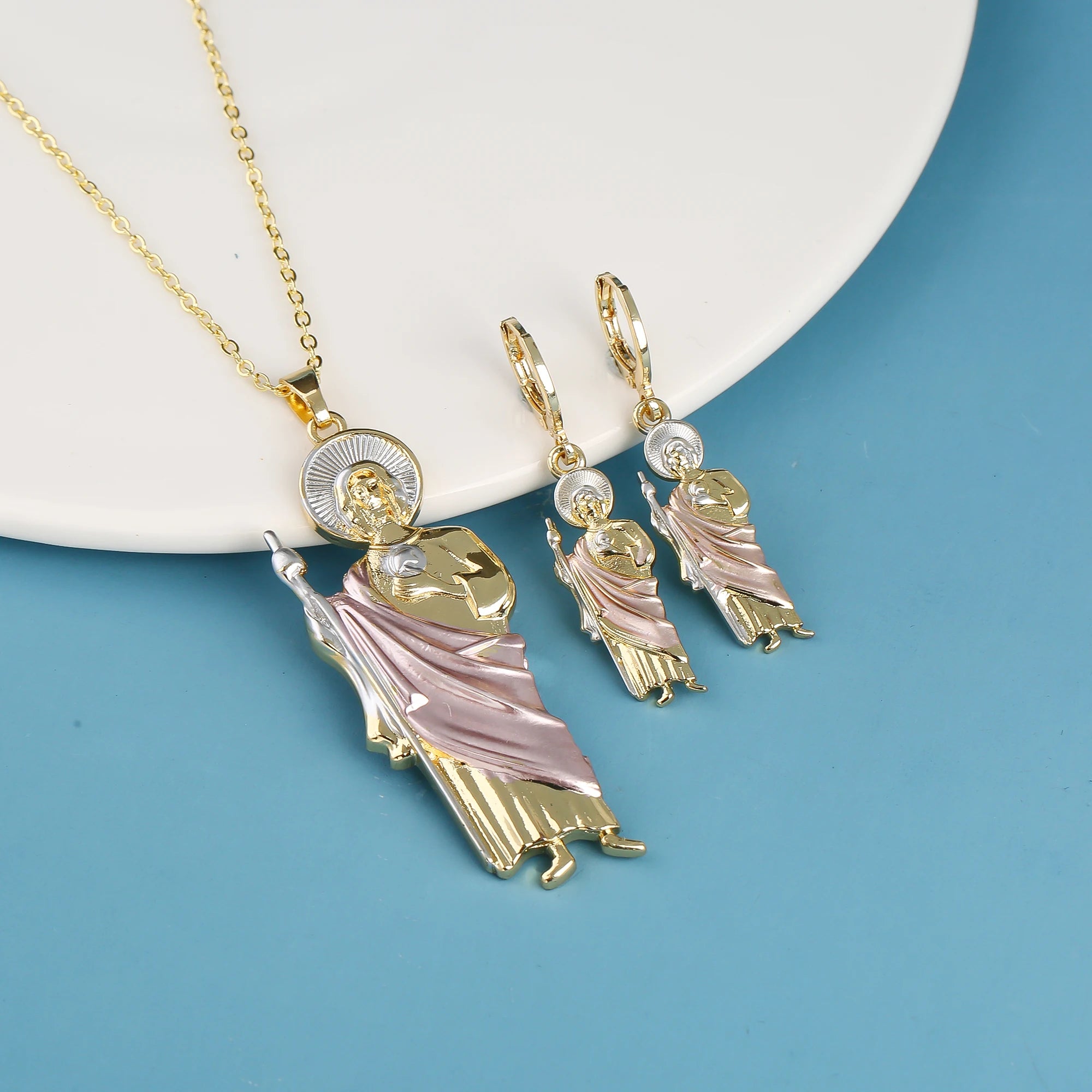 3PCS Religious San Judas Jewelry Set Necklace Earrings Simple for Woman Girl Party Wedding Zirconia Jewelry Gift Daily Wear Qme Jewelry Set 6