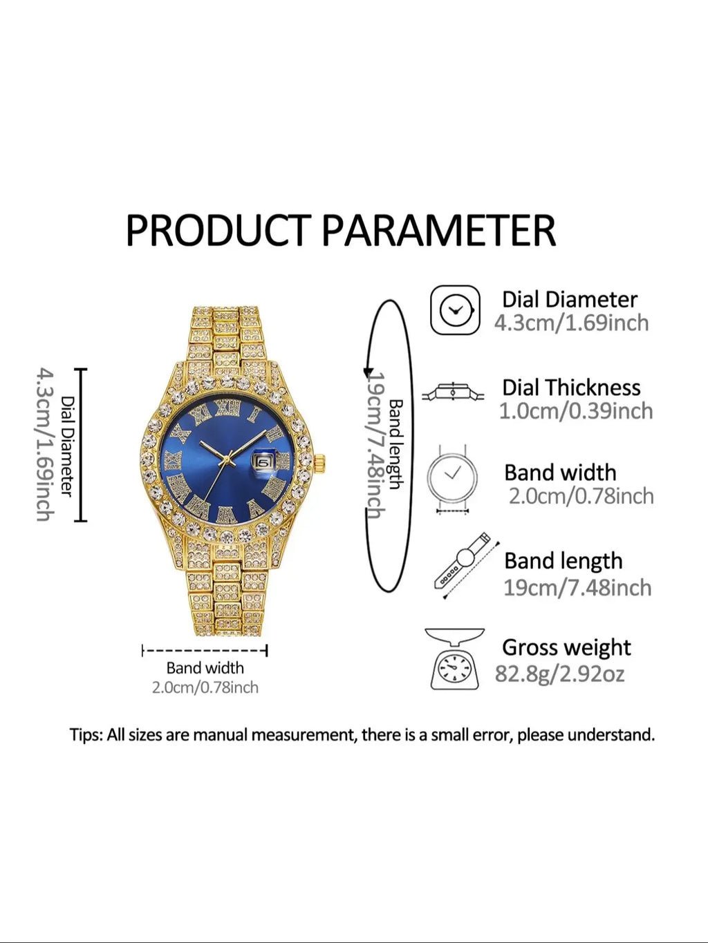 Gold Full Diamond Roman Calendar Men Watch With Cross Necklace Bracelets Qme