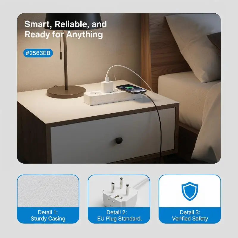 Home Office Schuko Power Strip 3-Outlet 7-Hole Extension Cord Qme