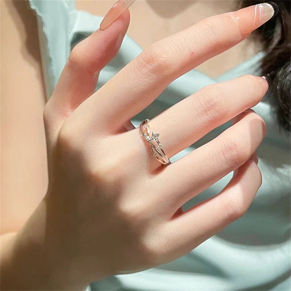 Sparkling Zirconia Star Ring Women's Light Luxury Charm Minimalist Fashion Style Four Star Opening Adjustable Daily Ring Qme