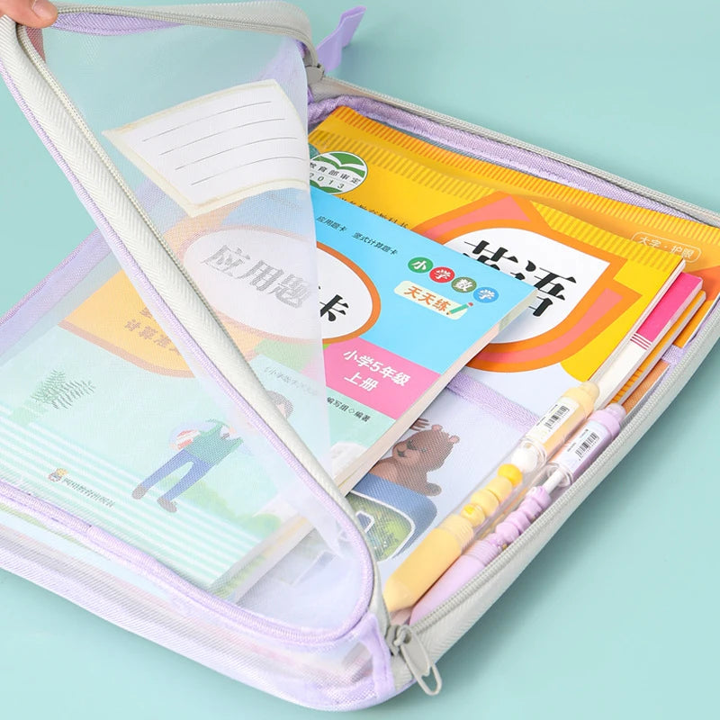A4 Double-layer Mesh Zipper Bag Large Capacity Stationery Storage Qme