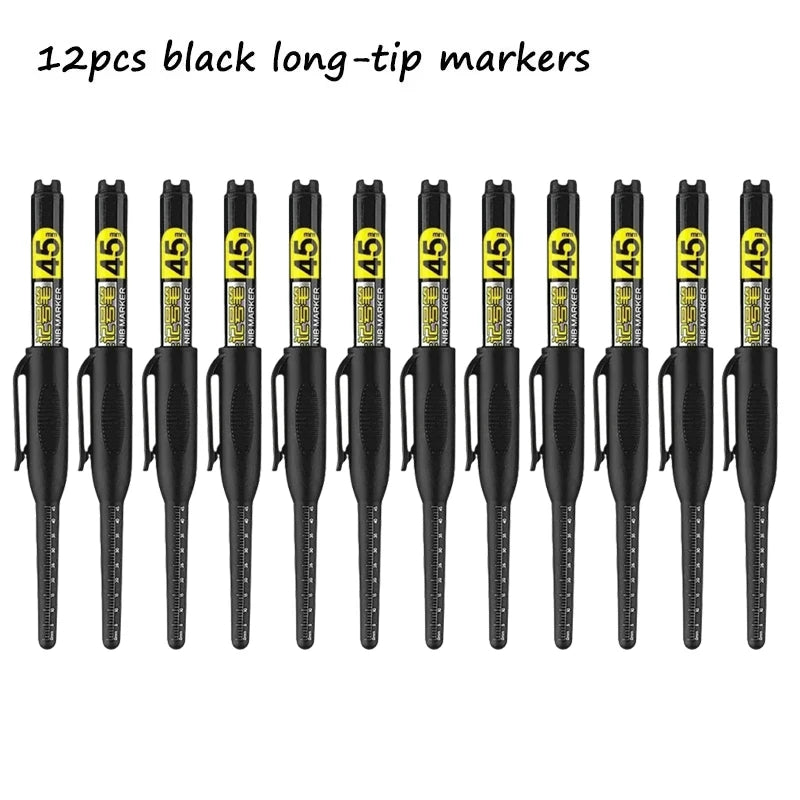12Pcs Long Head Marker Pens, Special Oil-Based Woodworking Markers for Ceramics, 45MM Long Nib, Black/Blue/Red/Green Ink Qme 12pcs black