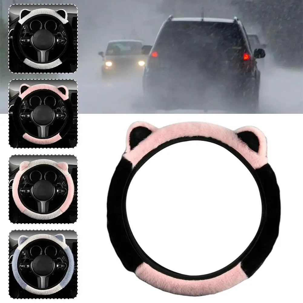 CAR Winter Plush Car Steering Wheel Protective Cover Universal Non-slip Soft Cute Cat Ears Plush Steering Wheel Cover Qme
