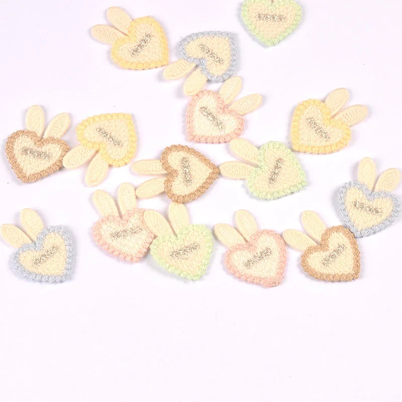10pcs 35x26mm Assorted Color Knitted Heart Patches Cute Bunny Ear Appliques with, DIY Hair Accessories Crafts No Glue cp3856 Qme