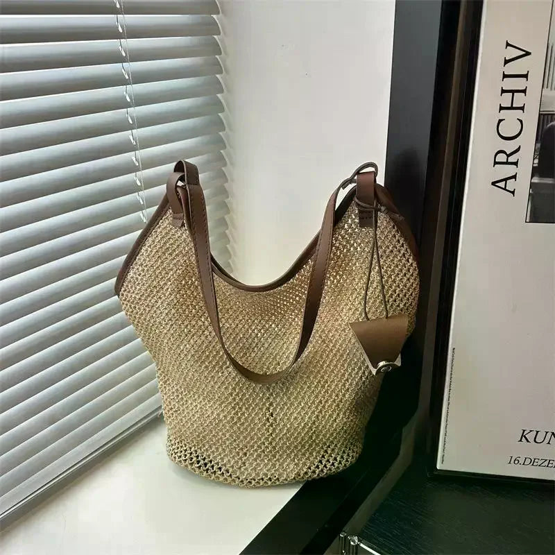 Hollow Out Straw Woven Bag Parent Shoulder Bag Tote Bagwith Sunglasses Clip Bohemian Beach Handbag Bucket Bag Qme