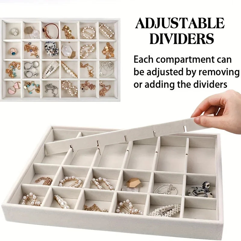 Stackable Velvet Jewelry Organizer Box - Distressed White, Rectangular Desktop Display Case for Rings, Earrings, Qme