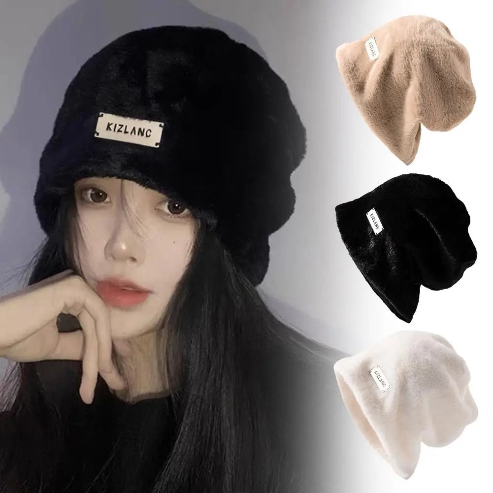NEW Women Plush Beanies Hats Winter Warm Solid Baggy Fleece Wool Skullies Hat Outdoor Coldproof Thicken Caps Female Gorros Qme