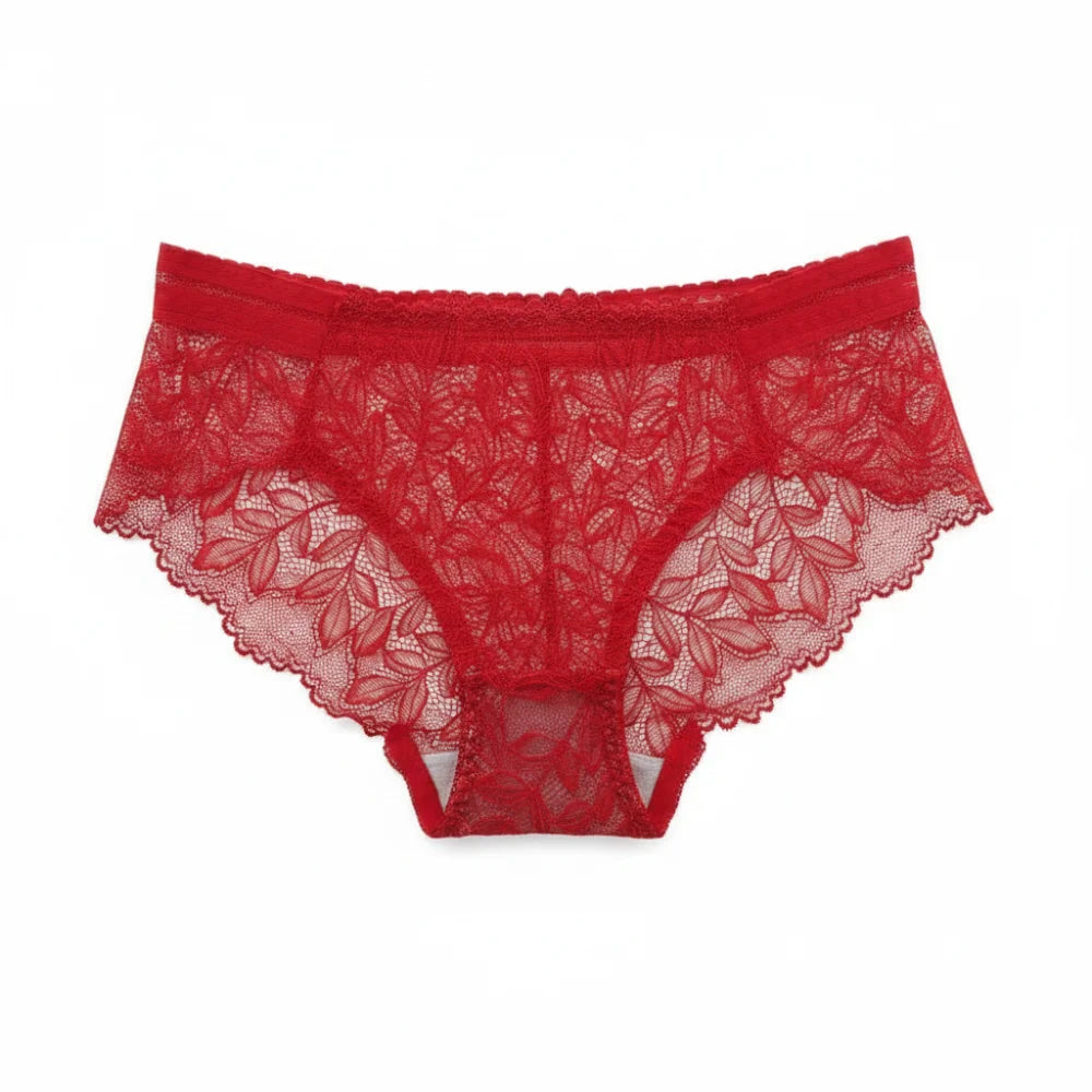 Breathable Low Waist Women's Panties Mesh Hollow Out Lace Briefs Qme Red One Size 1pc