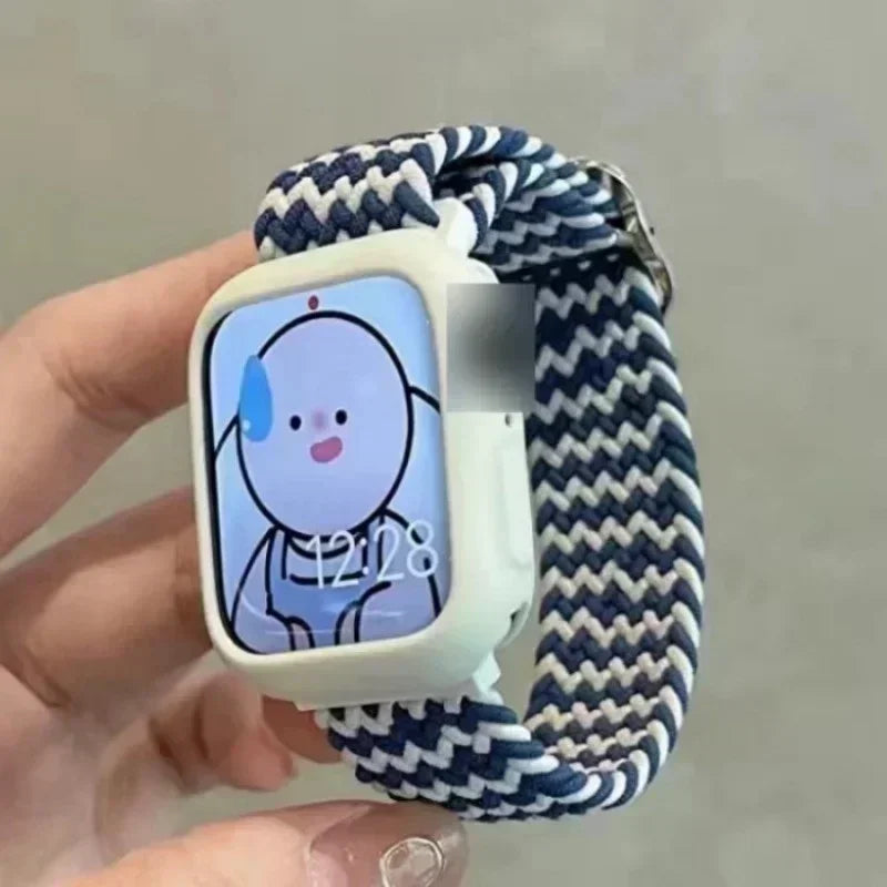Korean Cute Braied Strap + Case For Apple Watch Band 49mm 46mm 45 44 38 42 Nylon Bracelet For iWatch Series 10 9 8 7 6 5 4 3 SE Qme