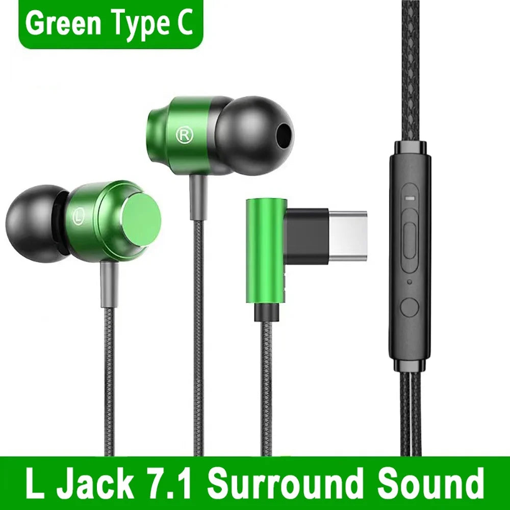 90° Jack Wired Gaming Headset HiFi Surround Sound With Mic Type C 3.5mm Music Headphones For iPhone Huawei In-ear Bass Earphones Qme Green Type C