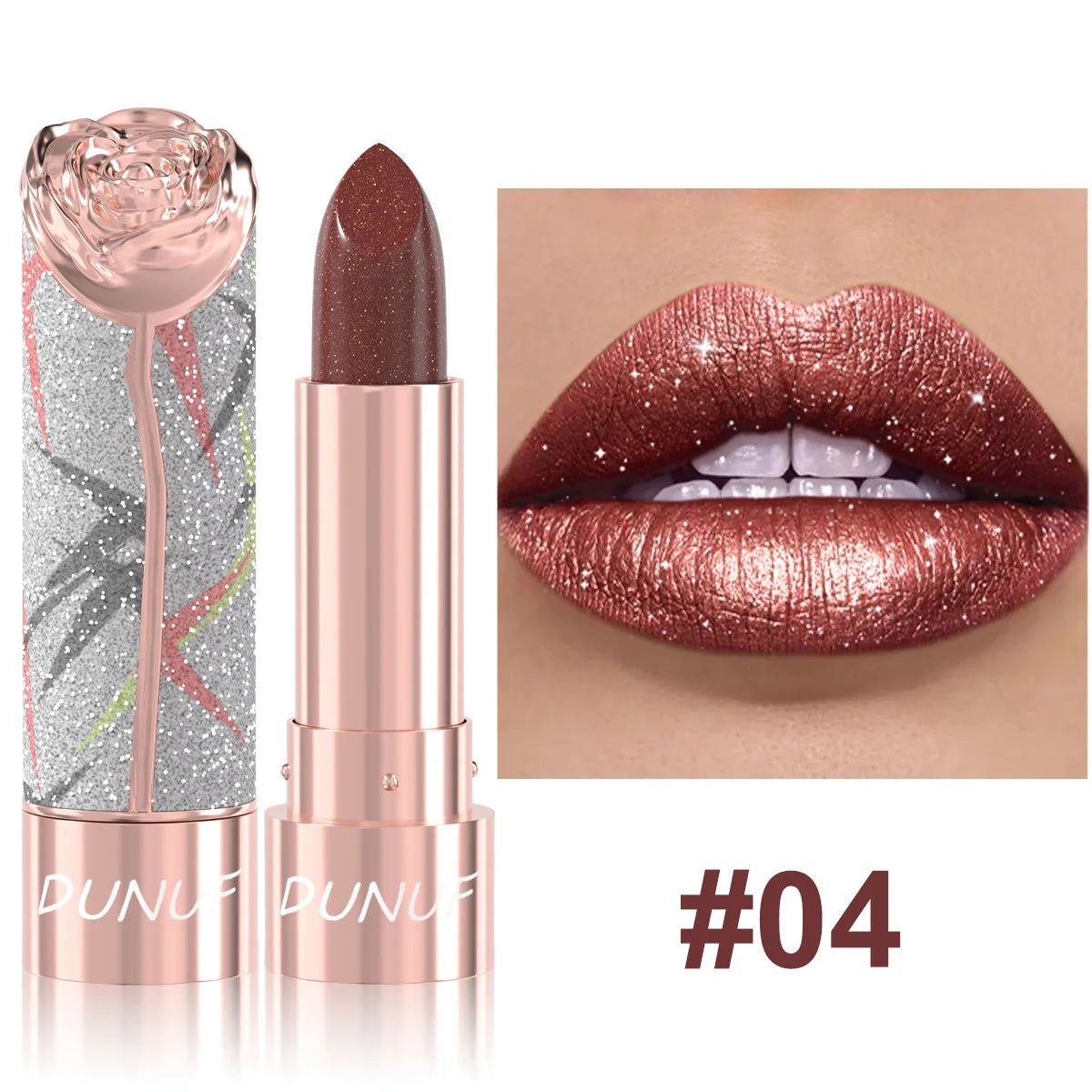 Rose Floral Diamond Lipstick Pearlescent Shimmer 3D Metallic Matte Smooth Creamy Sparkling Lipstick For Daily Party Makeup Qme 04