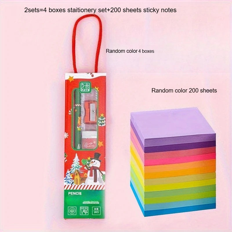 Learning Stationery Set, Birthday Gift 5-in-1 Pencil Set-Fluorescent Sticky Notes-Assorted Colors, Cute Office&School Memo Pads Qme 2sets