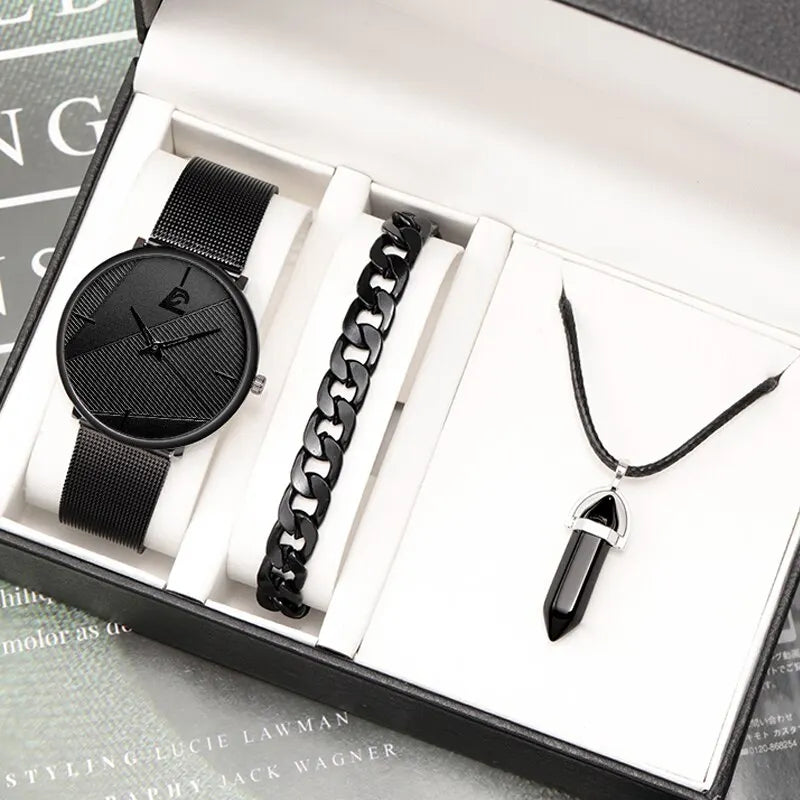 Men's Minimalist Quartz Watch Set, Simple, Business Mesh Belt,Men's Necklace, Bracelet, Bracelet Watch, Fashion, 3 Pieces Qme black