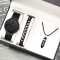 Men's Minimalist Quartz Watch Set, Simple, Business Mesh Belt,Men's Necklace, Bracelet, Bracelet Watch, Fashion, 3 Pieces Qme black