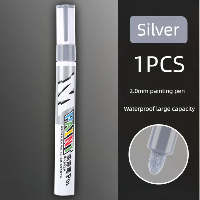 Car paint scratches repair brush pen waterproof water paint marker pen car tire tread care automotive black white red silver Qme Silver