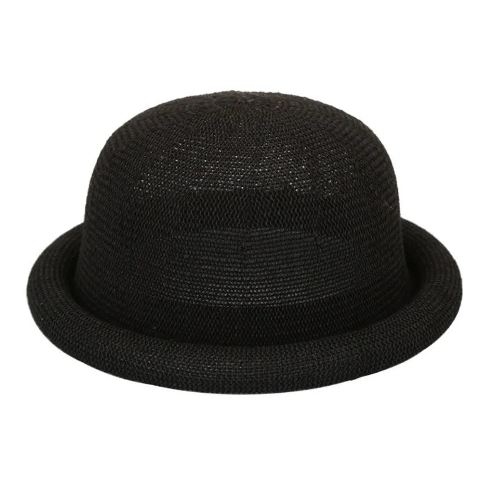 Casual Solid Bucket Hat Cotton Linen Rolled-brimmed Fedora Breathable Qme Black