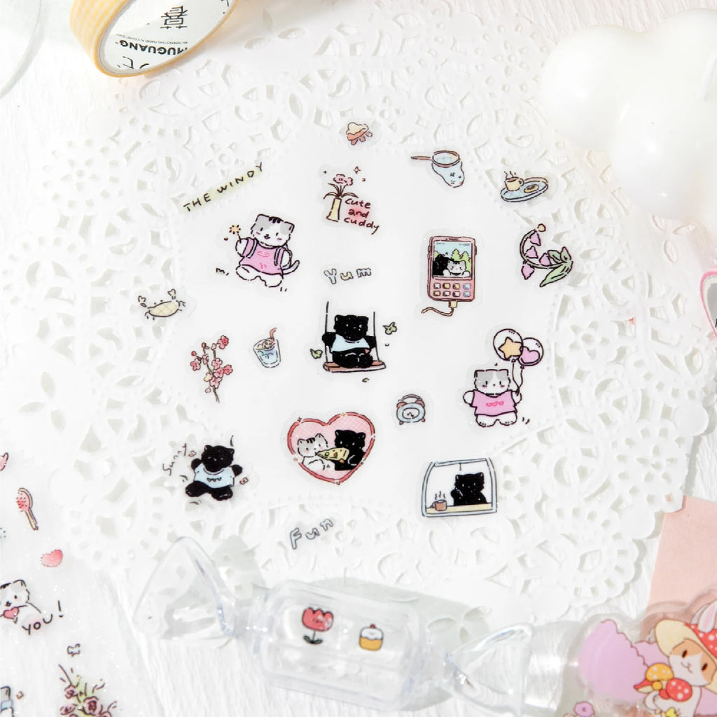 1 Roll Kawaii Lucky Cat Life Theme Glitter PET Tape for Background Decor Scrapbooking DIY Collage Phone Case Notebook Qme